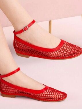 SHEIN Red Mesh Ankle-Strap Flats